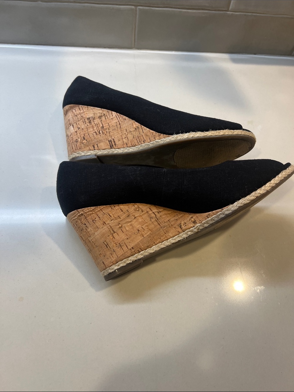 Black Peep-Toe Cork Wedge Heels - Picture 7 of 8
